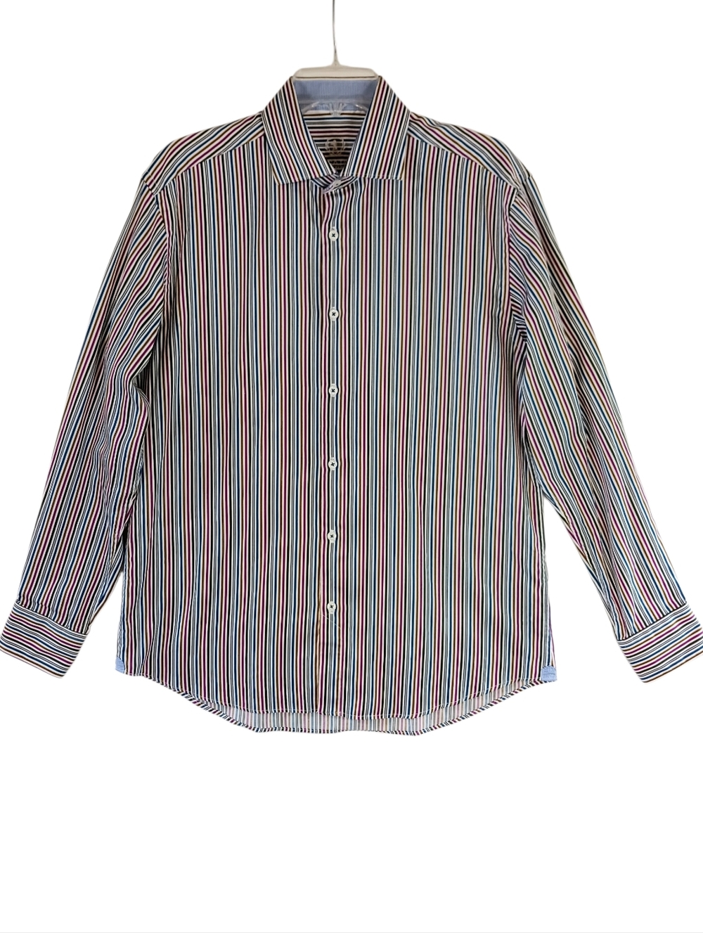 BUGATCHI UOMO Men's Striped Button Down Dress Shirt Gold Pink Green Blue Size M - Picture 6 of 12